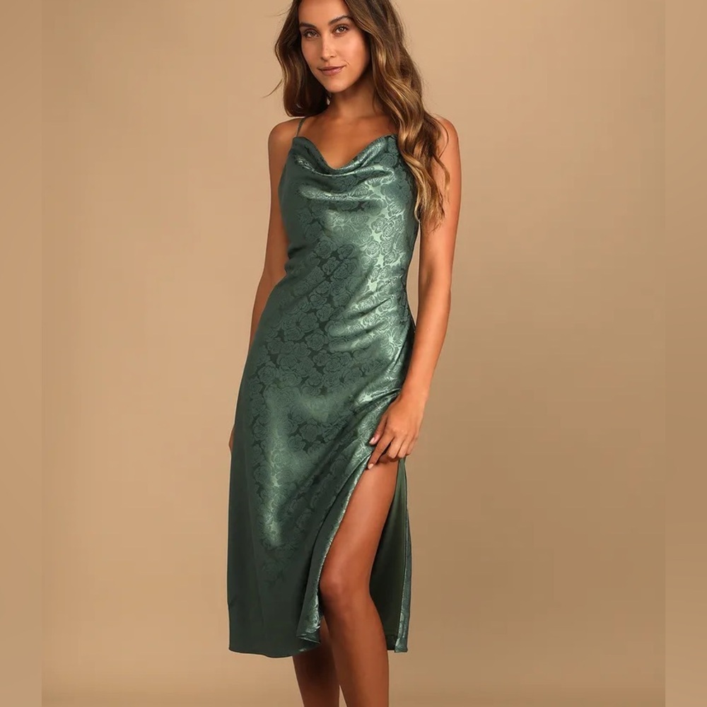 Lulus You're My Type Sage Satin Jacquard Midi Slip Dress